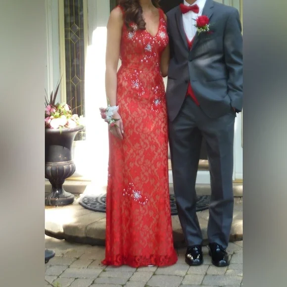open lace back dress Jovani 35160 Elegant Red Lace Evening Gown – Mydressline